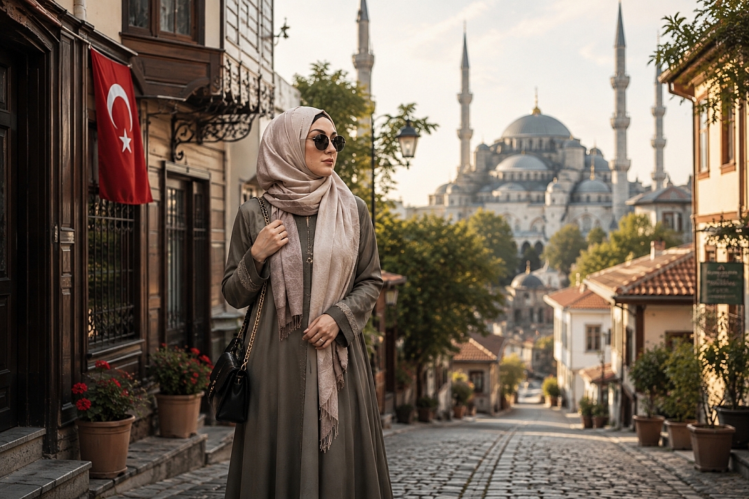 elegant hijabi traveller in istanbul lane
